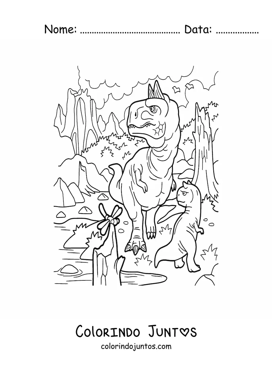 Desenho para colorir de dinossauro carnívoro grande e perigoso caçando com seu bebê