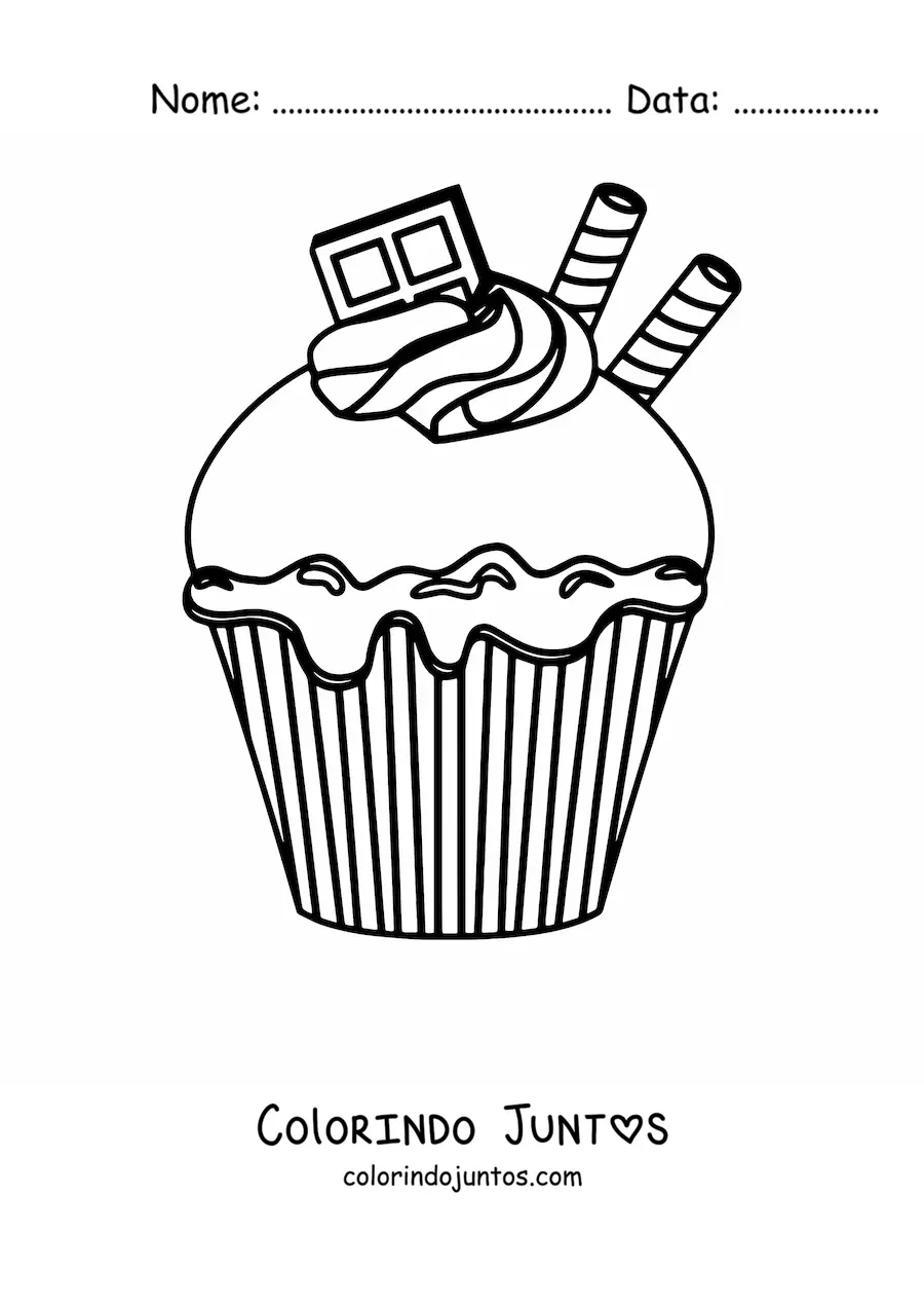 Desenho para colorir de um cupcake com chocolate e dois biscoitos canudo