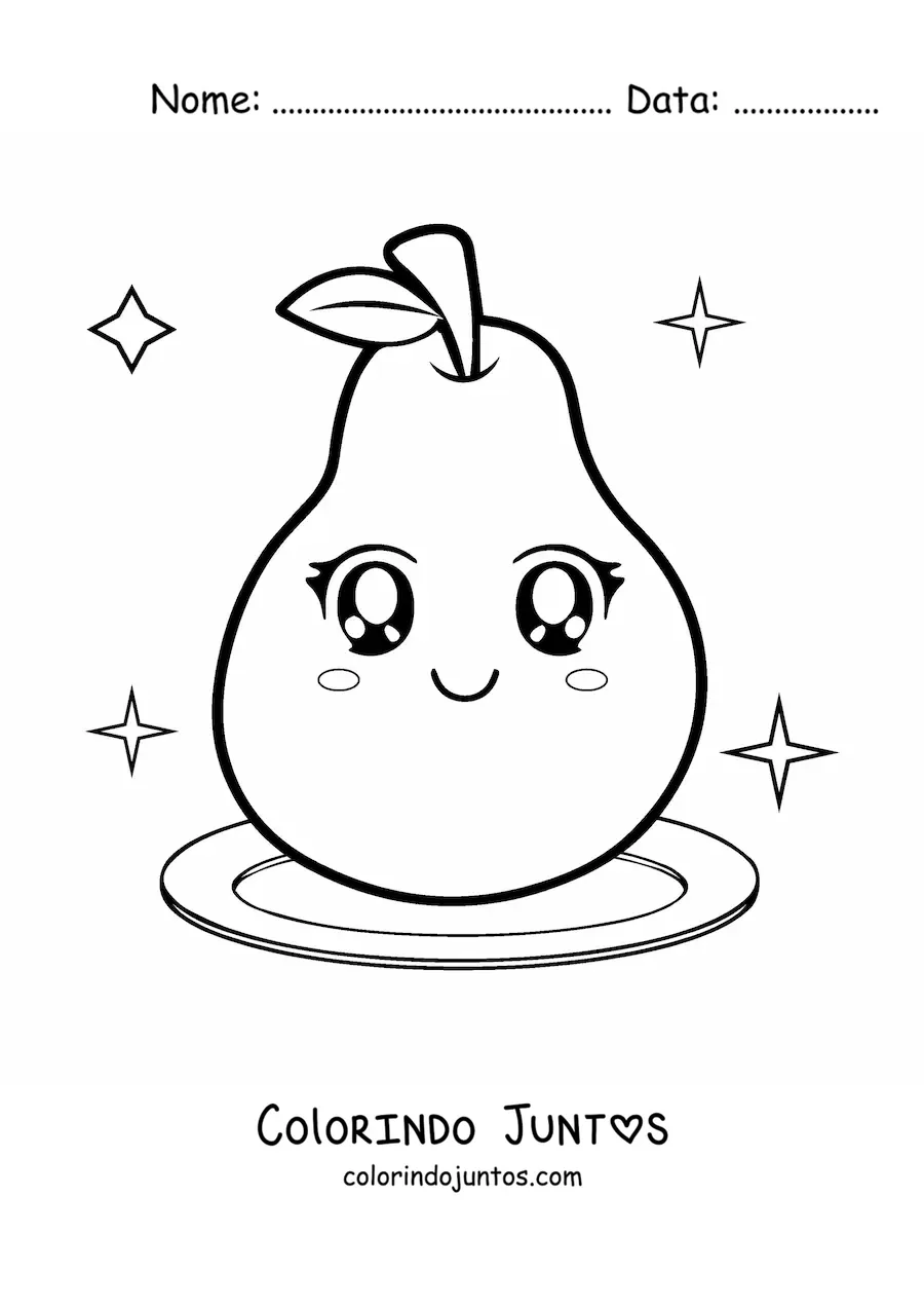 Desenho para colorir de pera kawaii grande em um prato