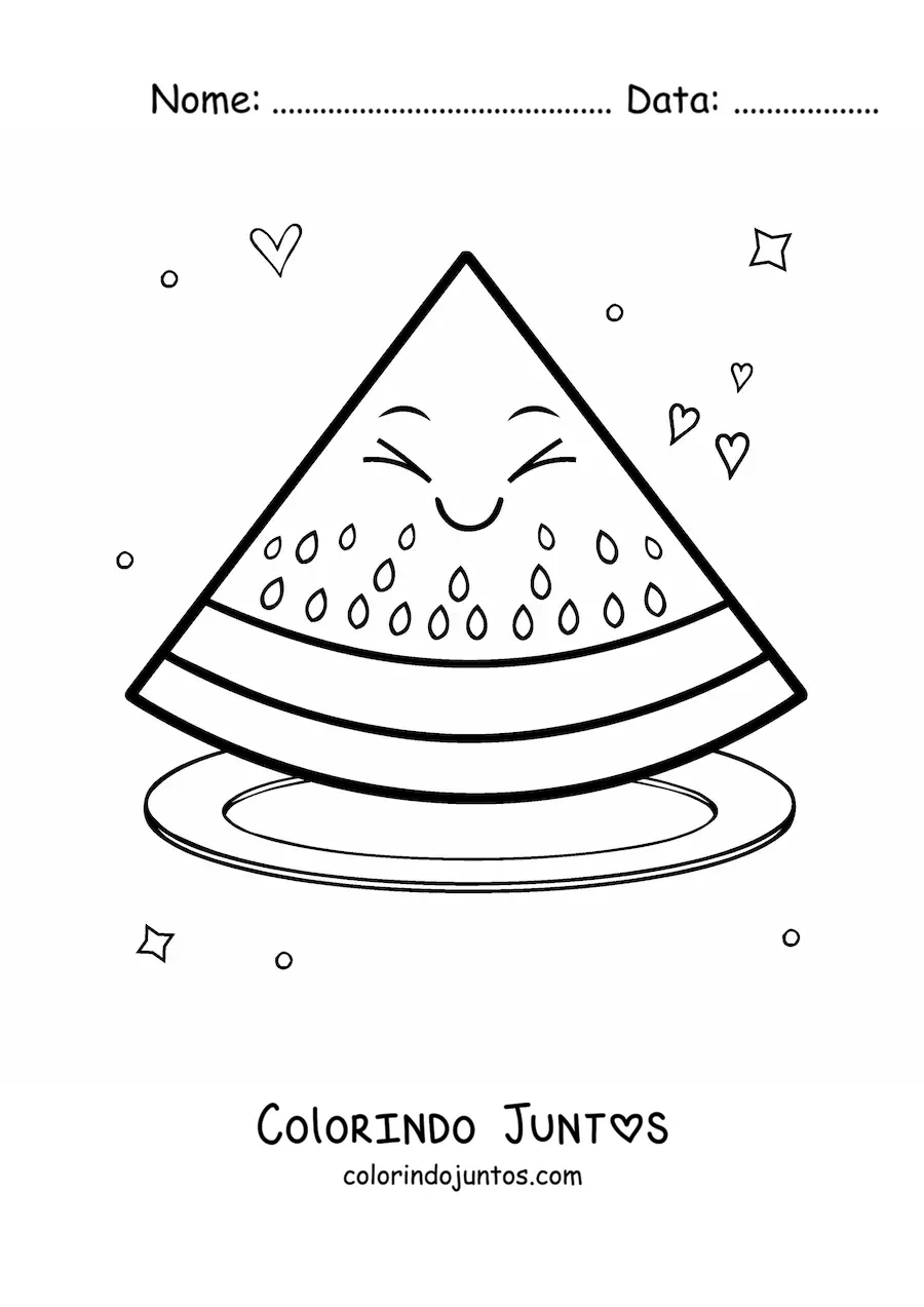 Desenho para colorir de fatia de melancia kawaii grande em um prato