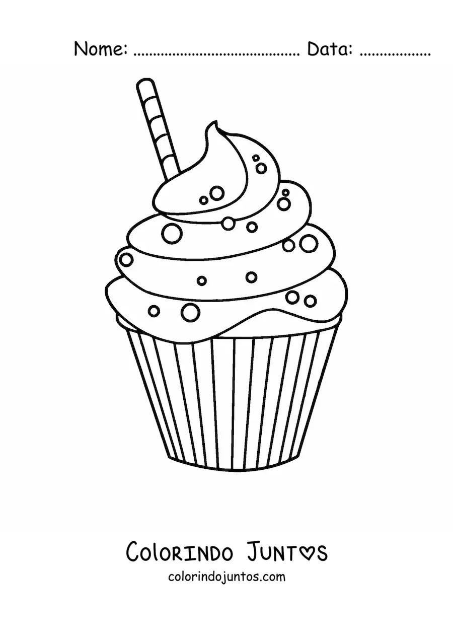 Desenho para colorir de um cupcake com glace e um biscoito canudo