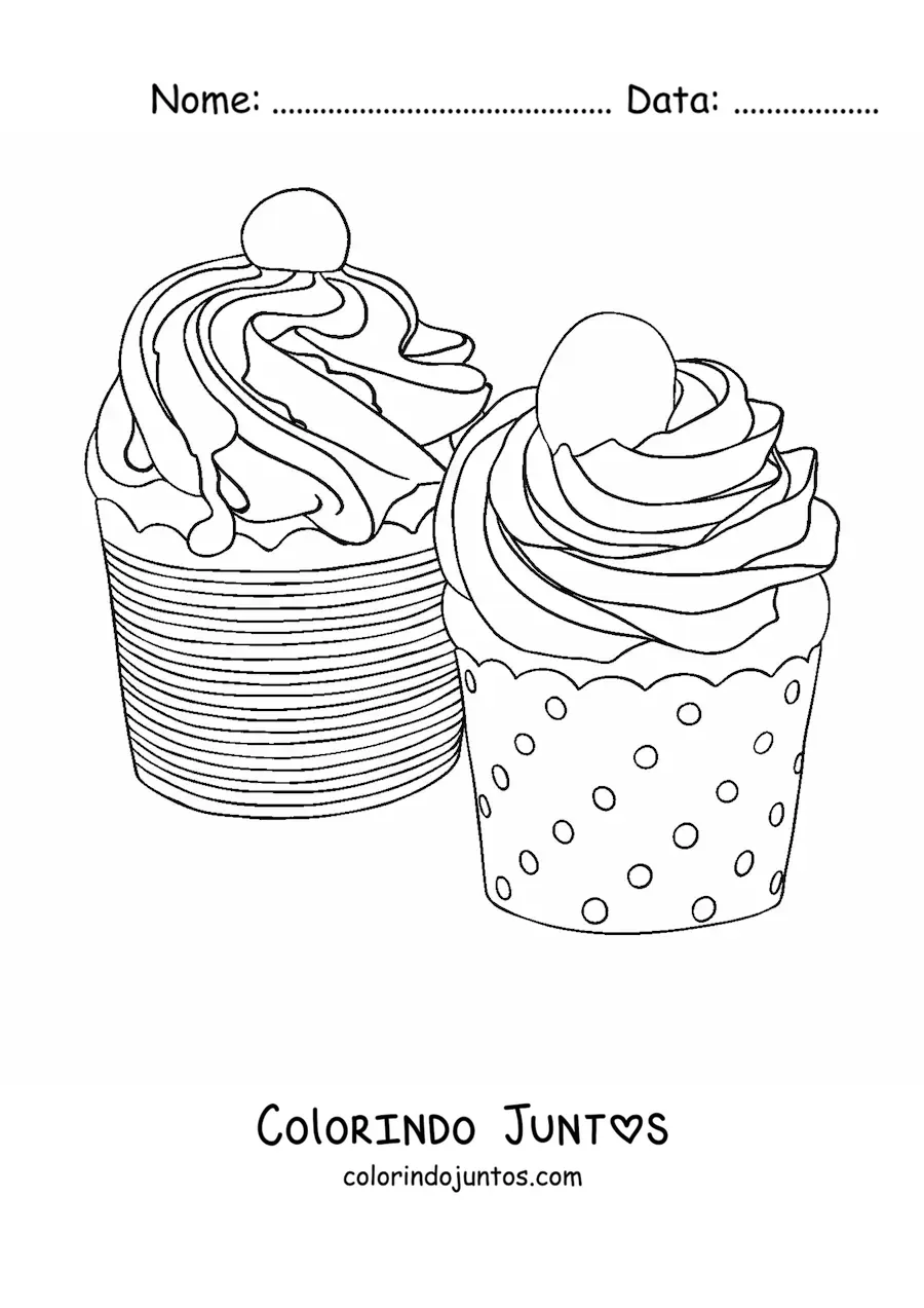 Desenho para colorir de dois cupcakes glaceados