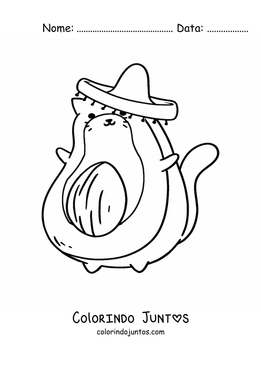 Desenho para colorir de gato abacate animado com chapéu mexicano