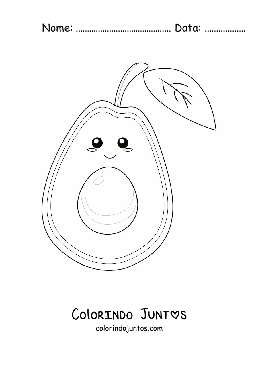Desenho para colorir de abacate kawaii com folha