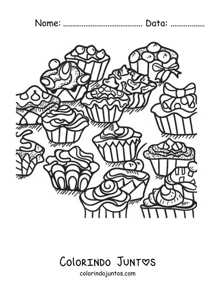 Desenho para colorir de cupcakes glaceados com lacos e figuras geometricas