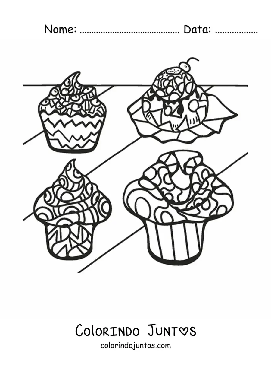 Desenho para colorir de cupcakes com figuras geometricas no glace