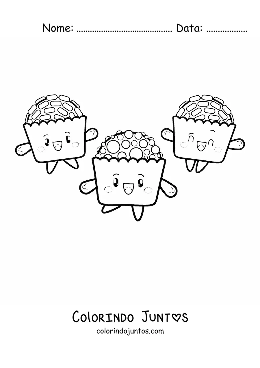 Desenho para colorir de tres cupcakes kawaii animados