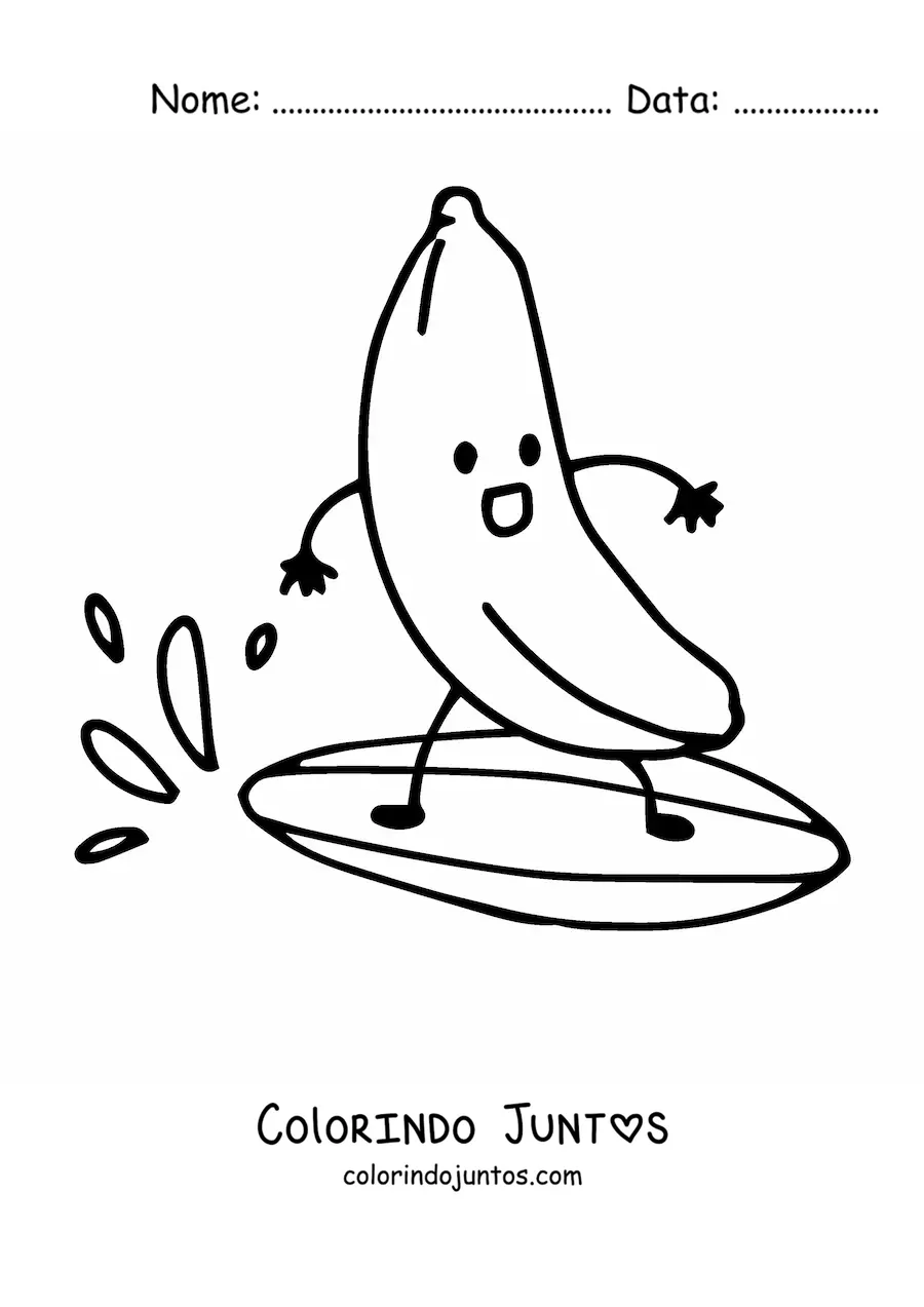 Desenho para colorir de banana animada surfando