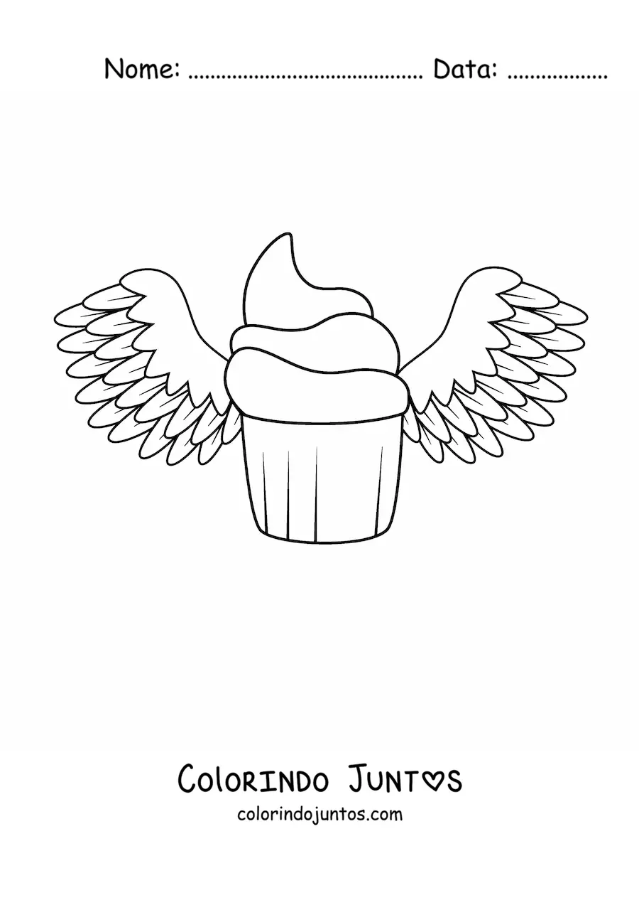 Desenho para colorir de um cupcake glaceado com asas