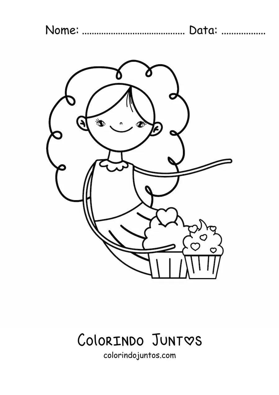 Desenho para colorir de uma menina com dois cupcakes glaceados com coracoes