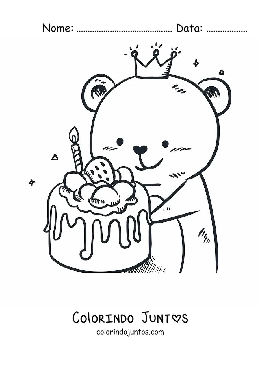 Desenho para colorir de urso com bolo de morango