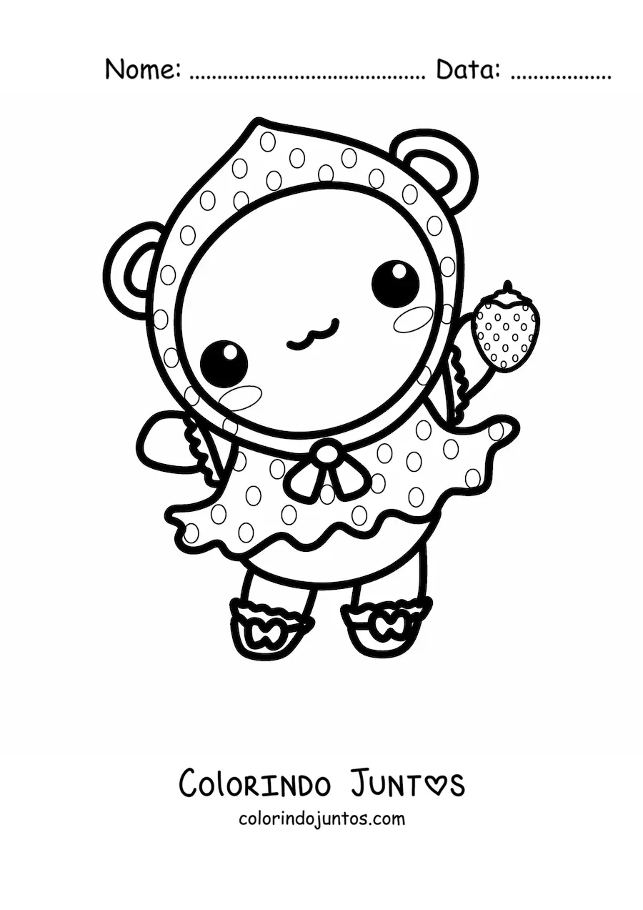 Desenho para colorir de ursinha kawaii fantasiada de morango
