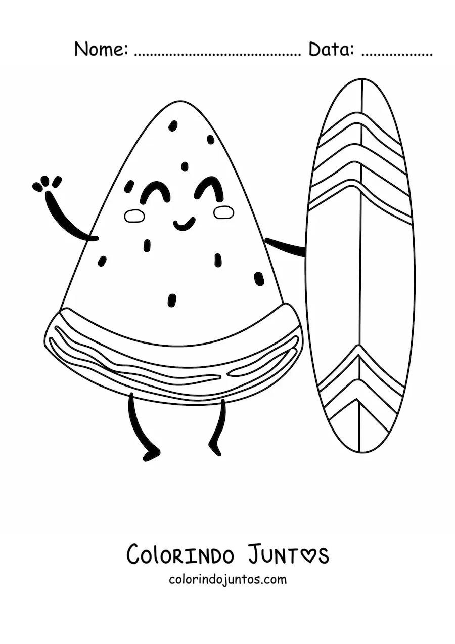 Desenho para colorir de melancia animada surfista