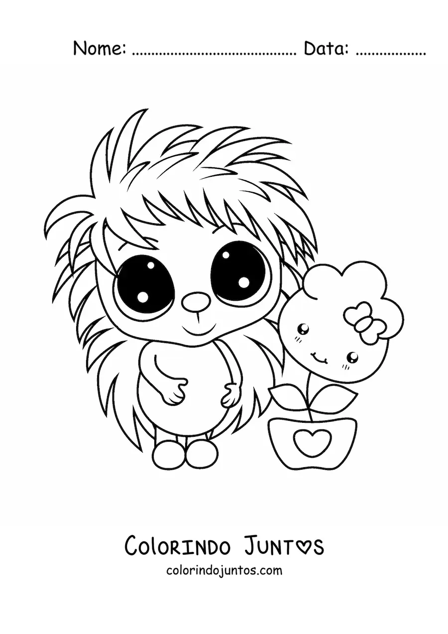 Desenho para colorir de porco-espinho kawaii grande com flor