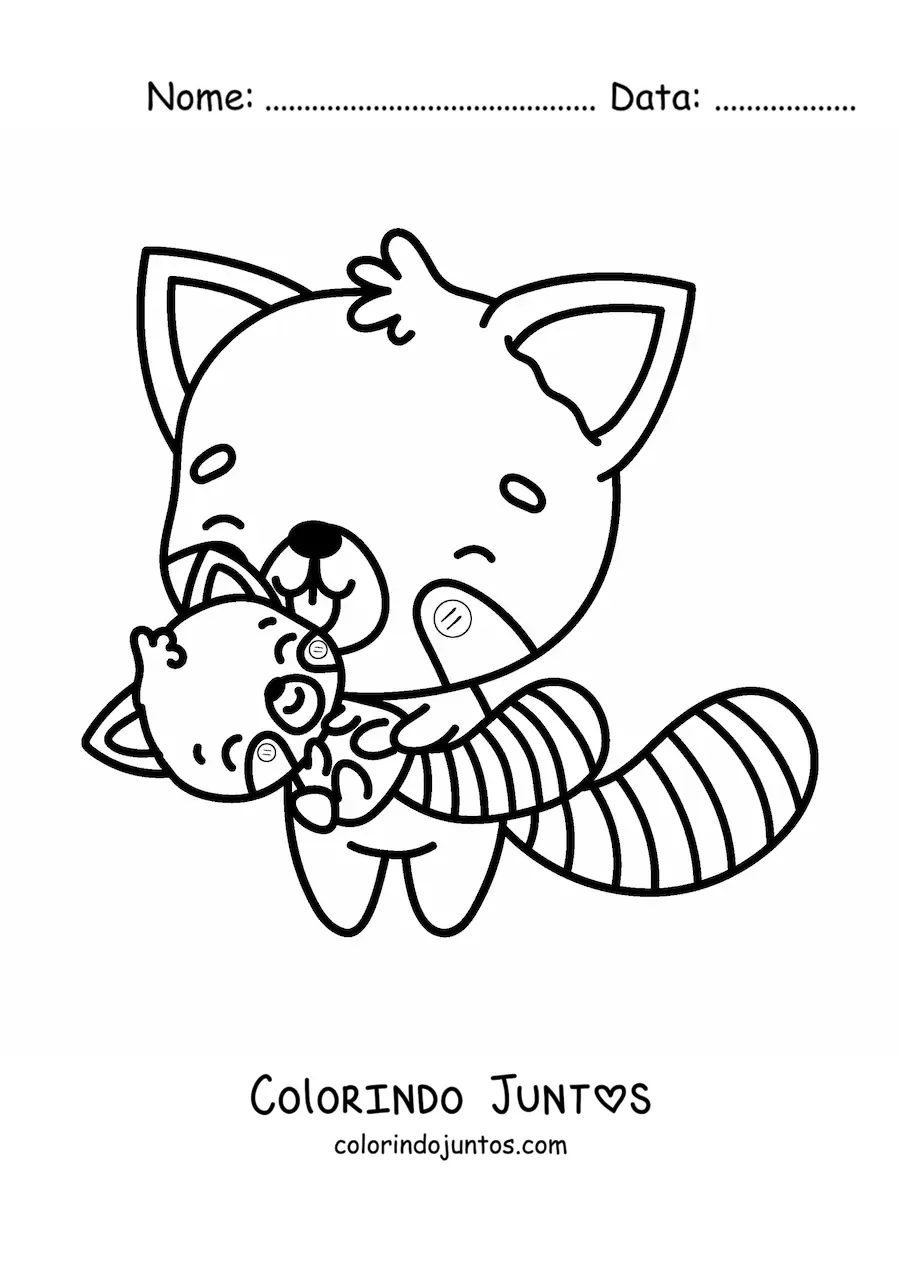 Desenho para colorir de panda-vermelho kawaii com seu bebê