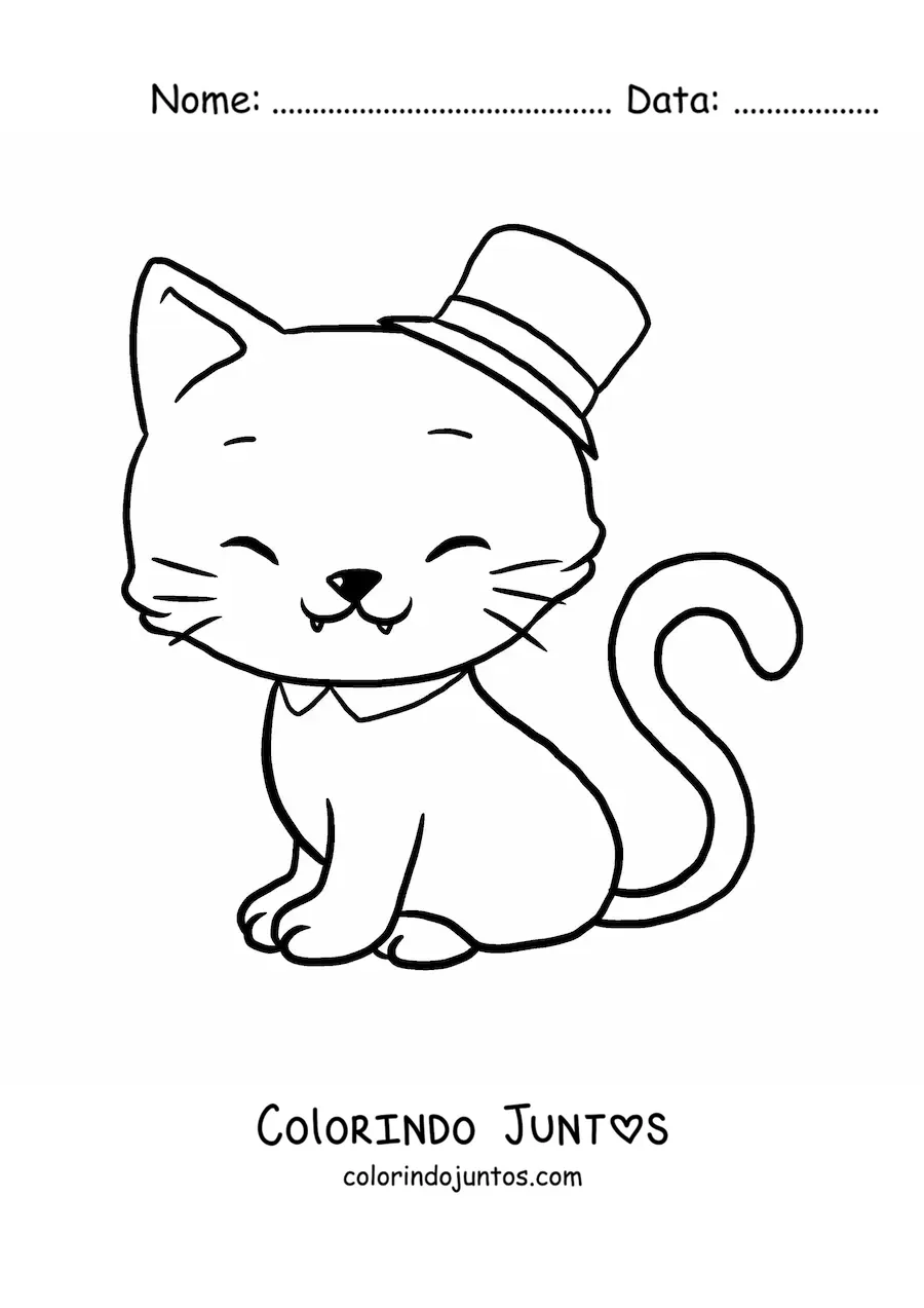 Desenho para colorir de gato kawaii grande com chapéu
