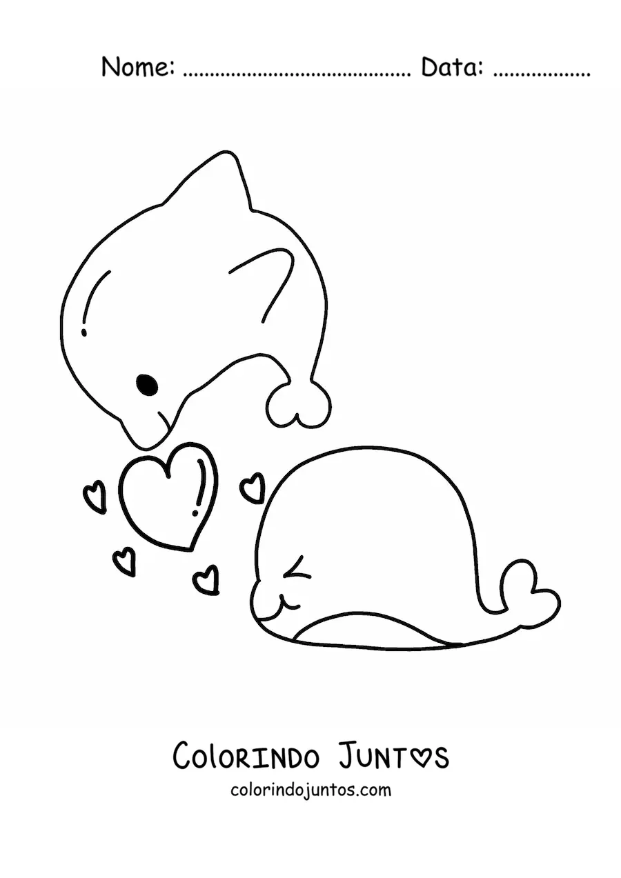 Desenho para colorir de golfinhos kawaii apaixonados com corações