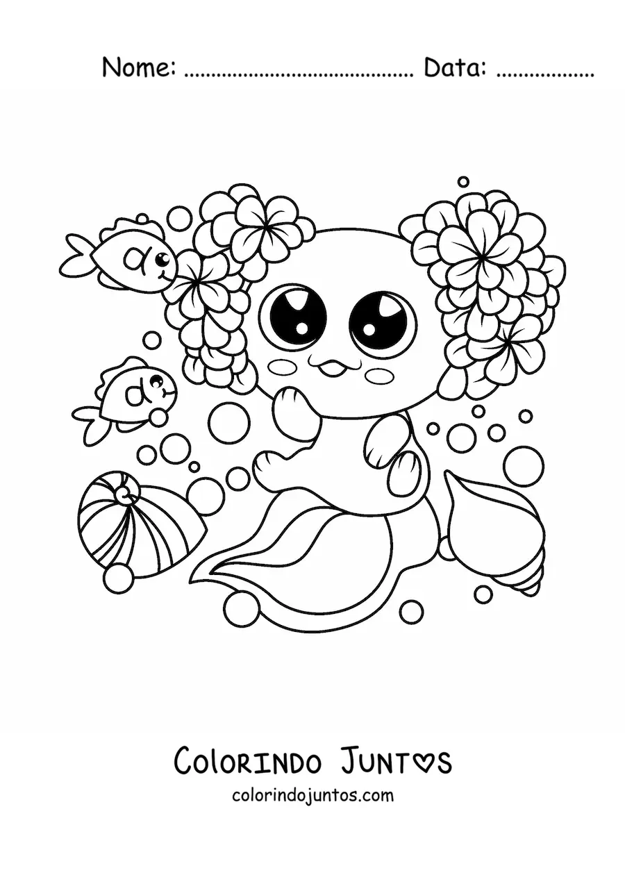 Desenho para colorir de axolote kawaii grande com flores
