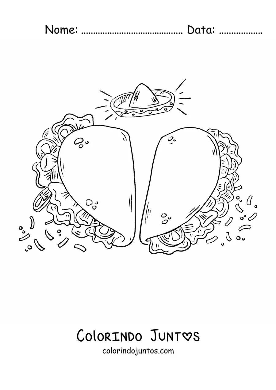 Desenho para colorir de dois tacos em formato de coracao e um chapeu mexicano