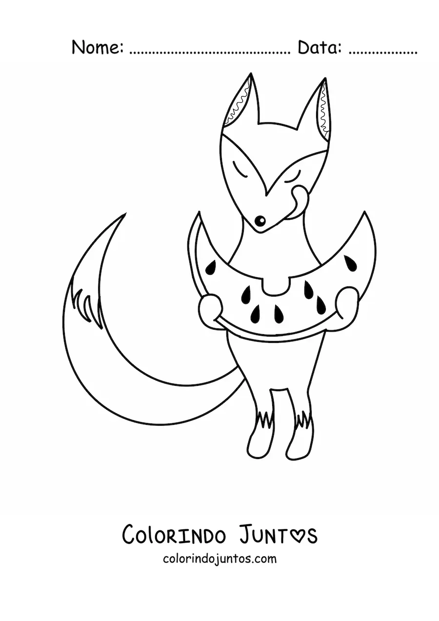 Desenho para colorir de raposa comendo melancia