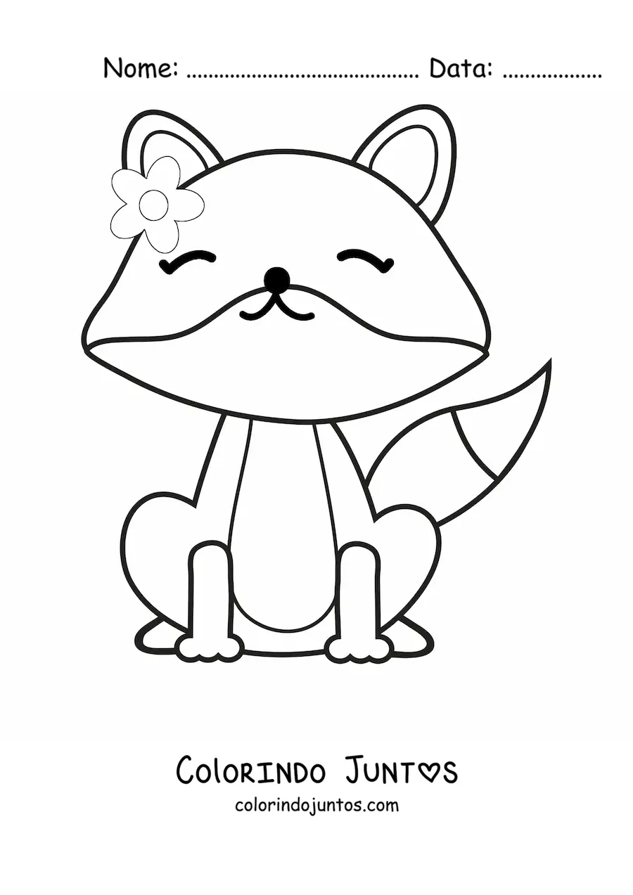 Desenho para colorir de raposa kawaii sentada com flor