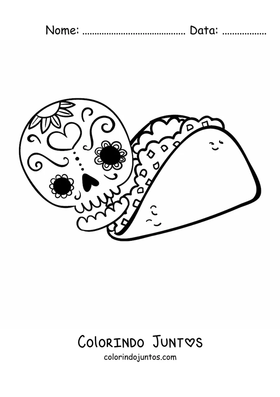 Desenho para colorir de um taco com uma catrina mexicana