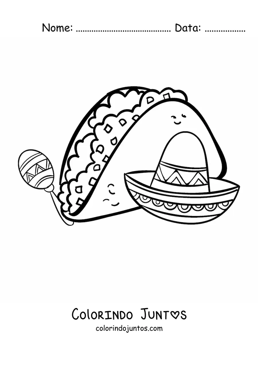 Desenho para colorir de um taco com um chapeu mexicano e uma maraca