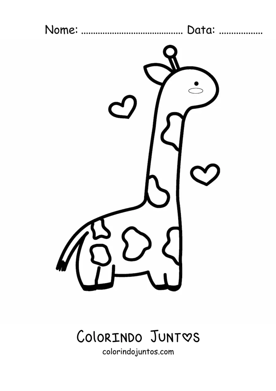 Desenho para colorir de girafa kawaii com corações