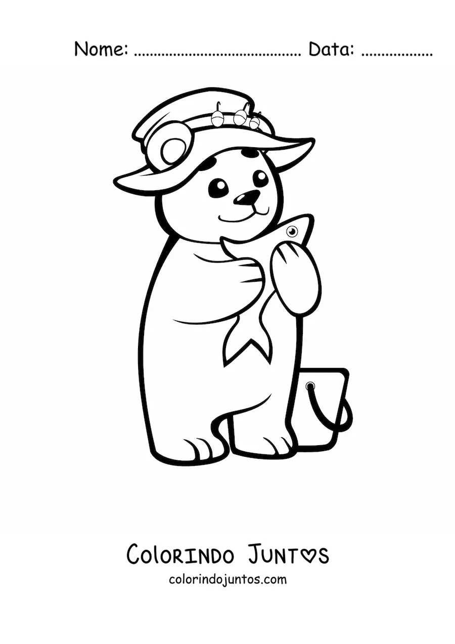 Desenho para colorir de filhote de urso kawaii pescando