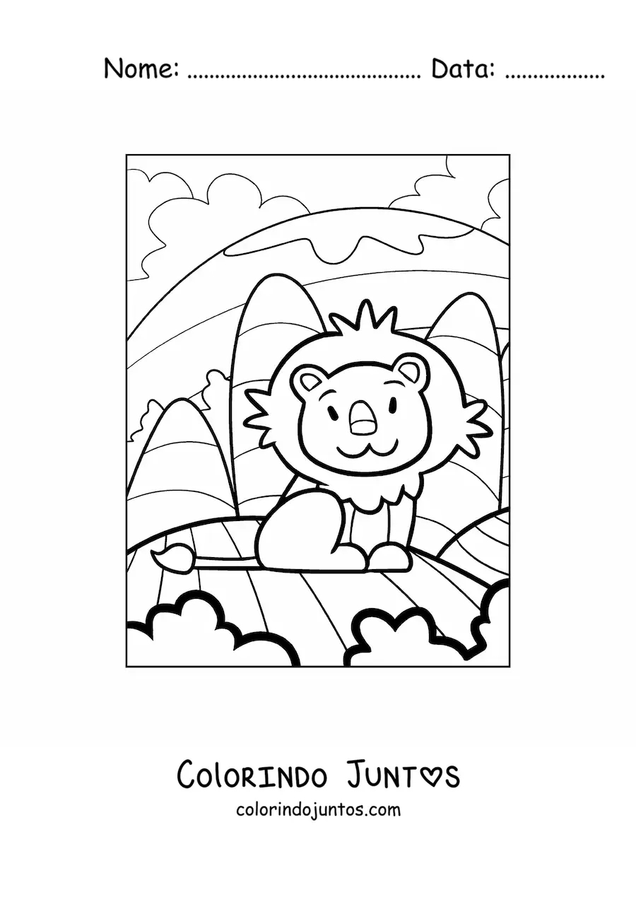Desenho para colorir de leão animado sentado em paisagem natural
