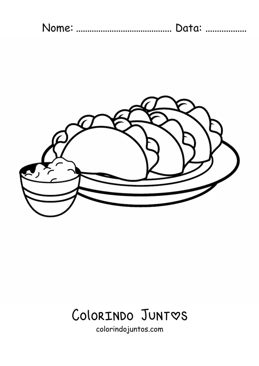 Desenho para colorir de um prato de tacos com guacamole