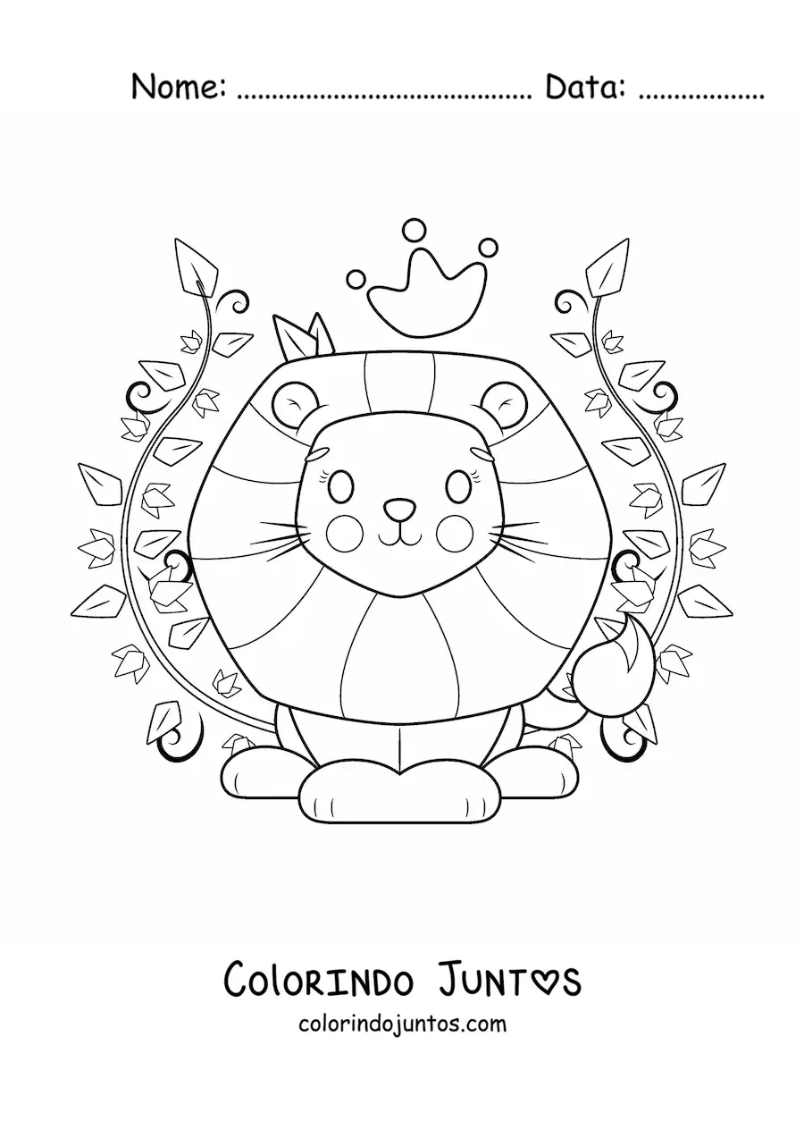 Desenho para colorir de leão kawaii com coroa