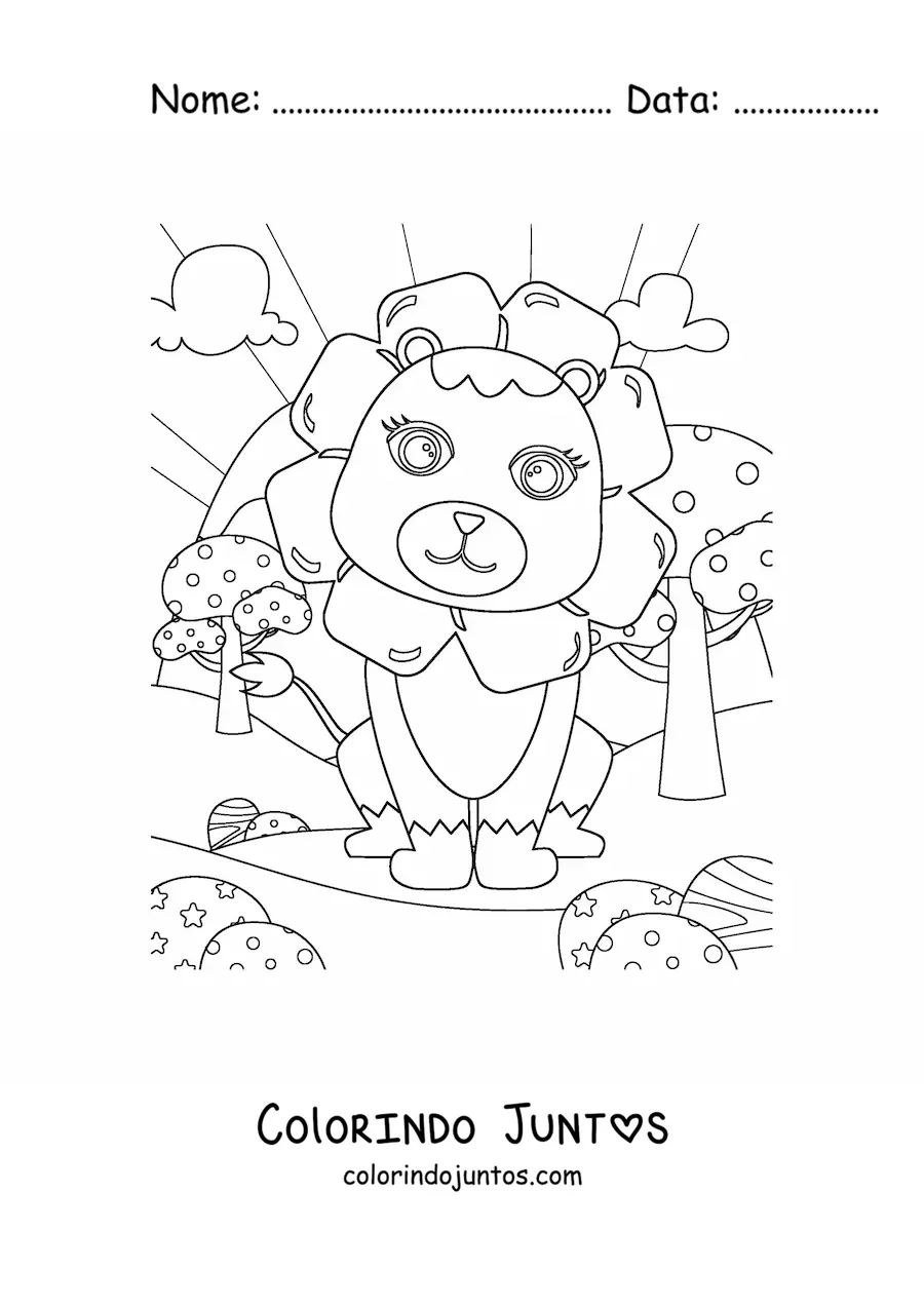 Desenho para colorir de leão kawaii sentado em paisagem natural