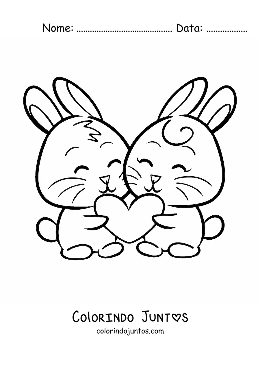 Desenho para colorir de casal de coelhinhos apaixonados