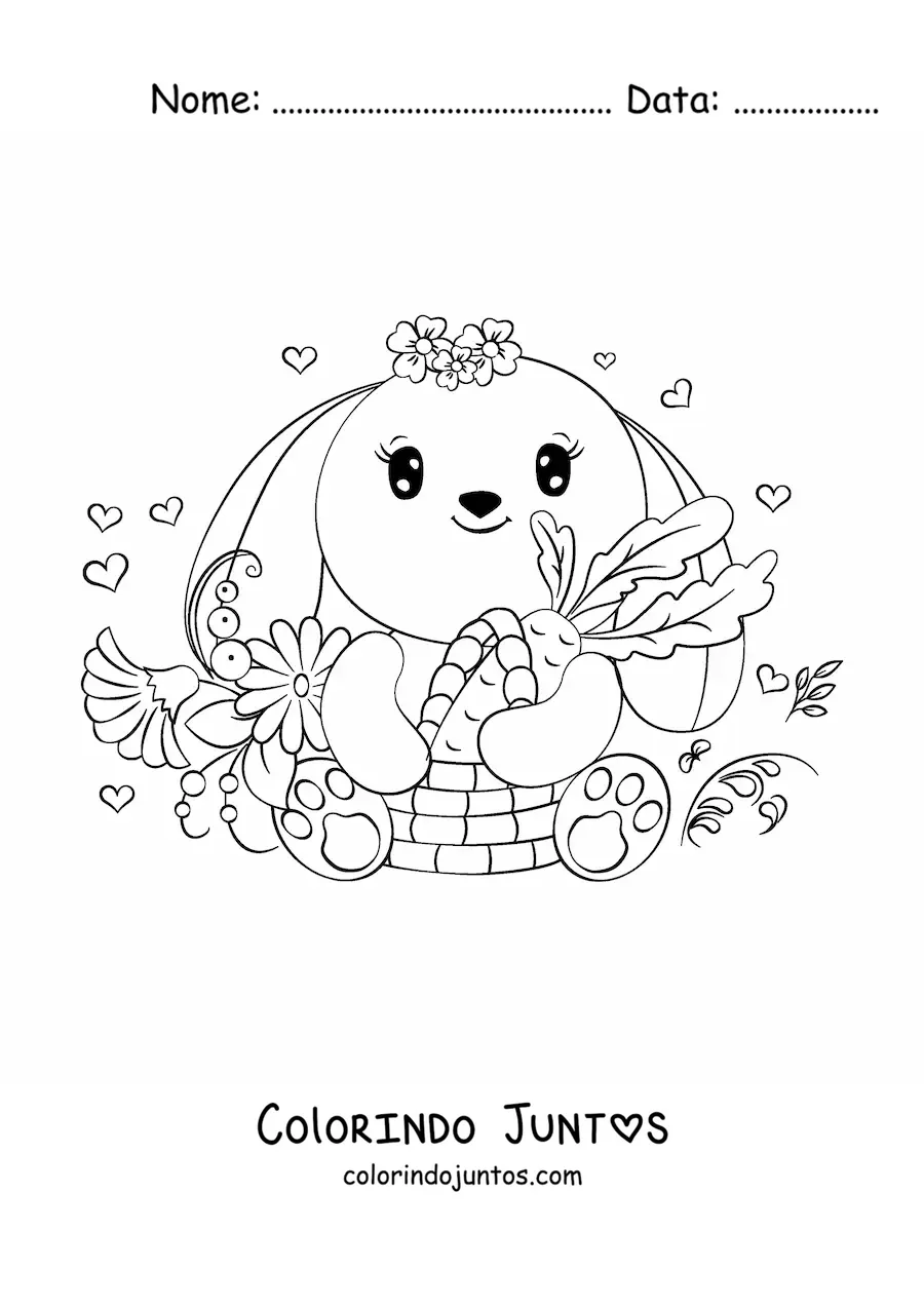 Desenho para colorir de coelho kawaii com cenoura e flores