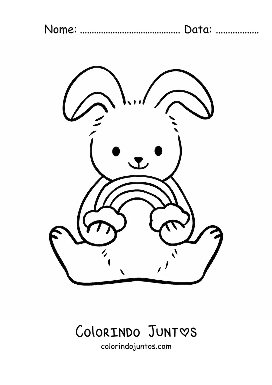 Desenho para colorir de coelho fofo sentado com arco-íris