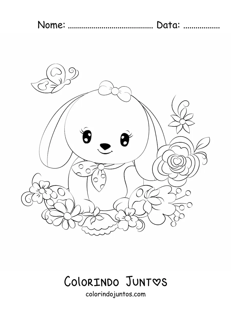 Desenho para colorir de coelho kawaii com orelhas caídas e flores