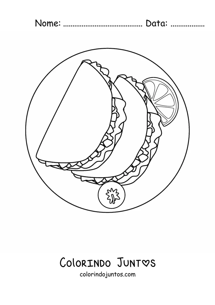 Desenho para colorir de um prato de tacos com um tomate e um pedaco de limao