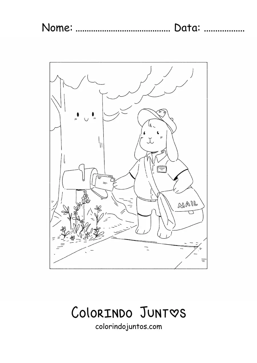 Desenho para colorir de coelho animado trabalhando de carteiro
