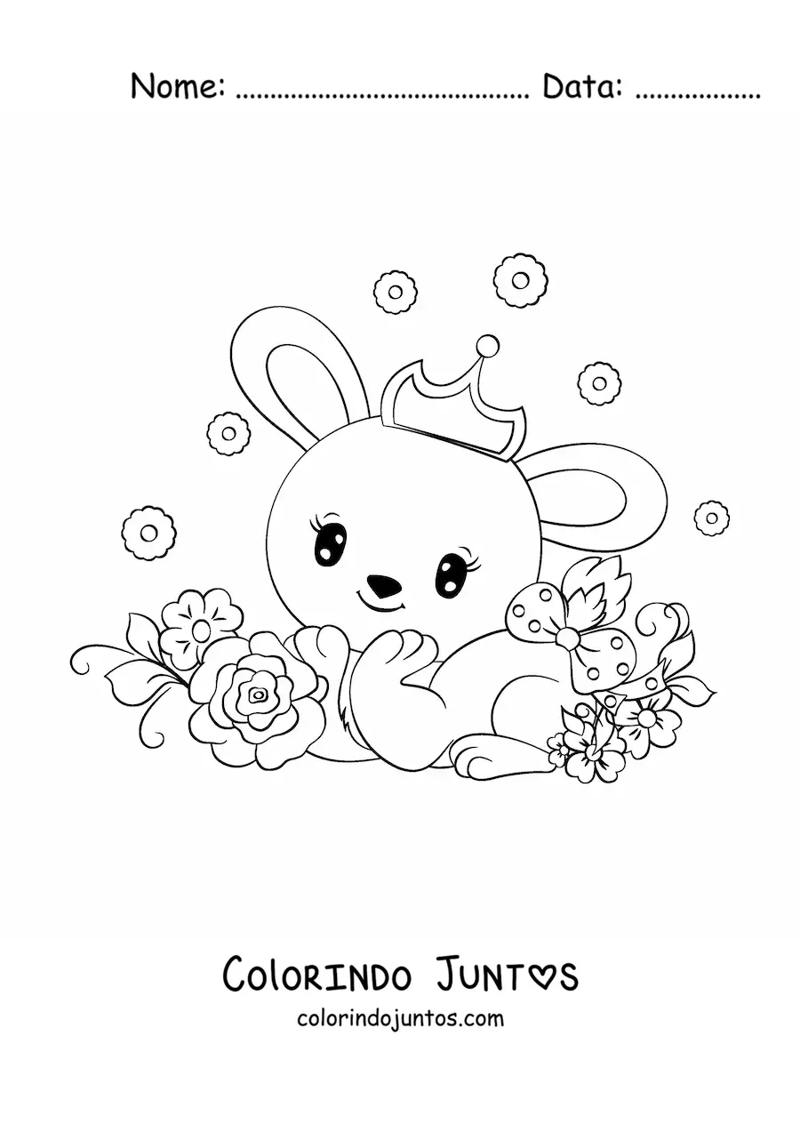 Desenho para colorir de coelho kawaii com coroa e flores