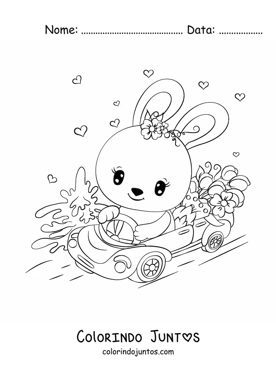 Desenho para colorir de coelho kawaii em um carro