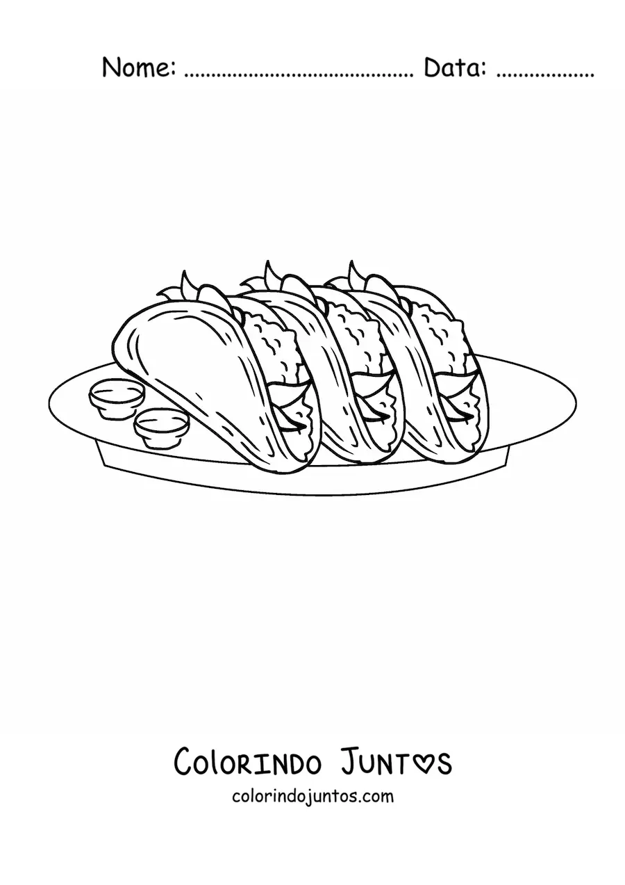 Desenho para colorir de um prato de tacos com molhos