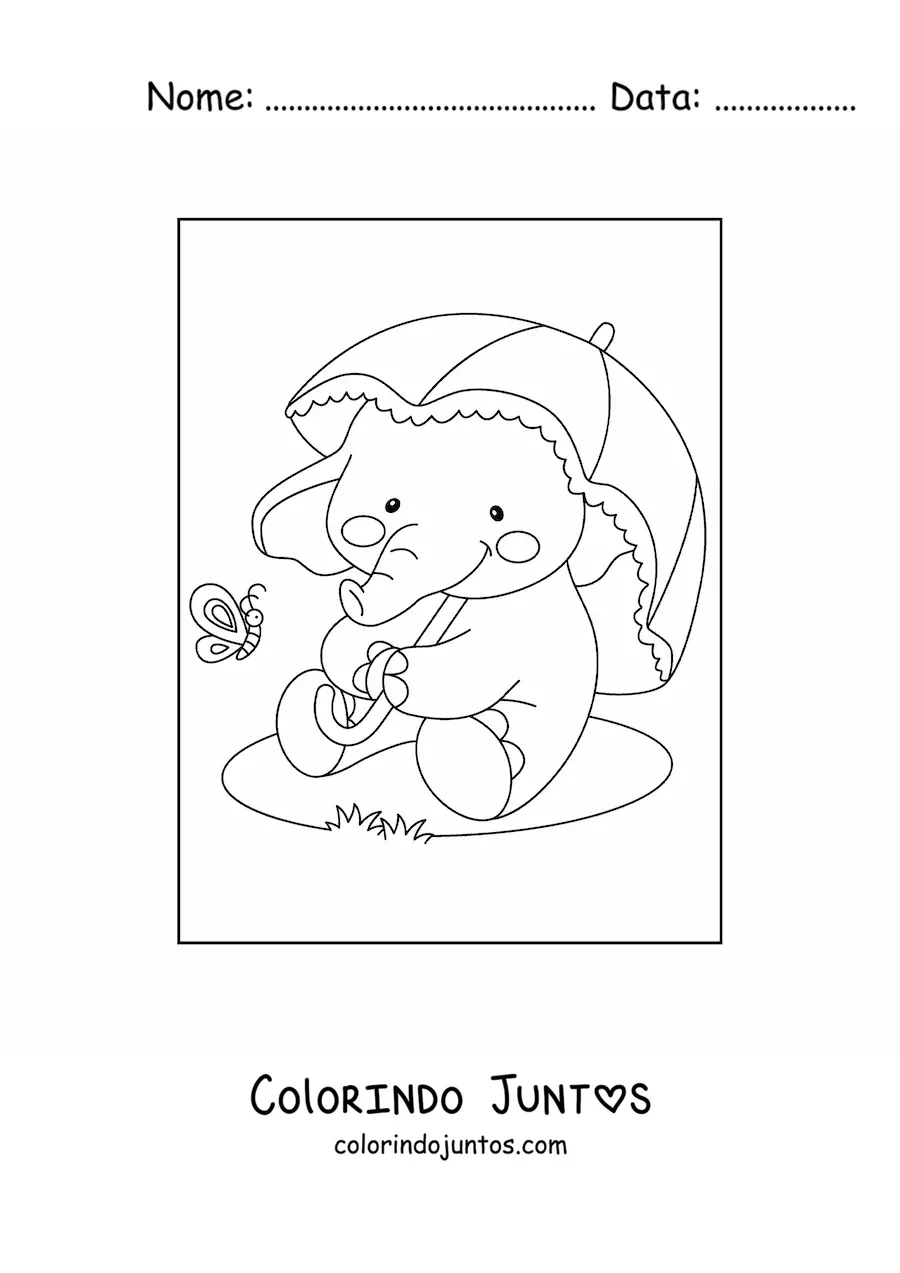 Desenho para colorir de filhote de elefante kawaii sentado com borboleta