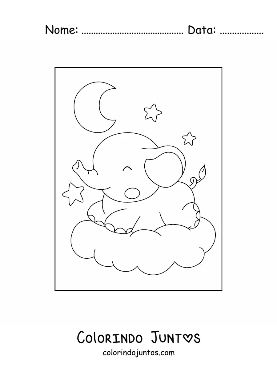 Desenho para colorir de filhote de elefante kawaii dormindo