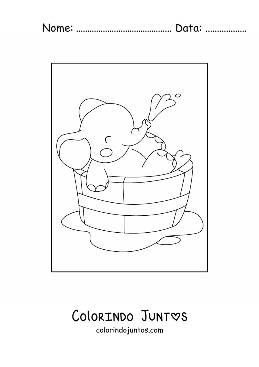 Desenho para colorir de filhote de elefante kawaii tomando banho