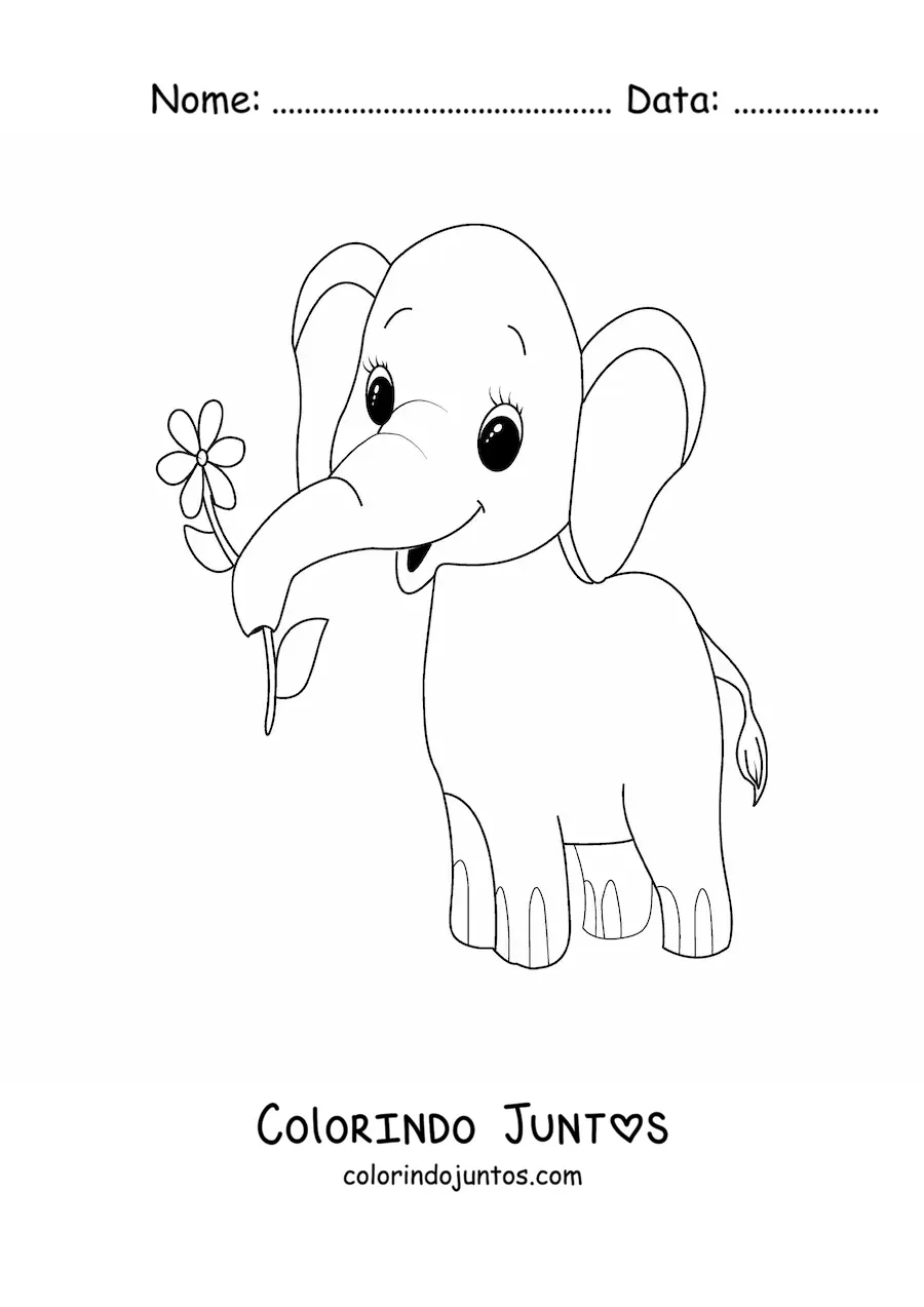 Desenho para colorir de filhote de elefante fofo com flor