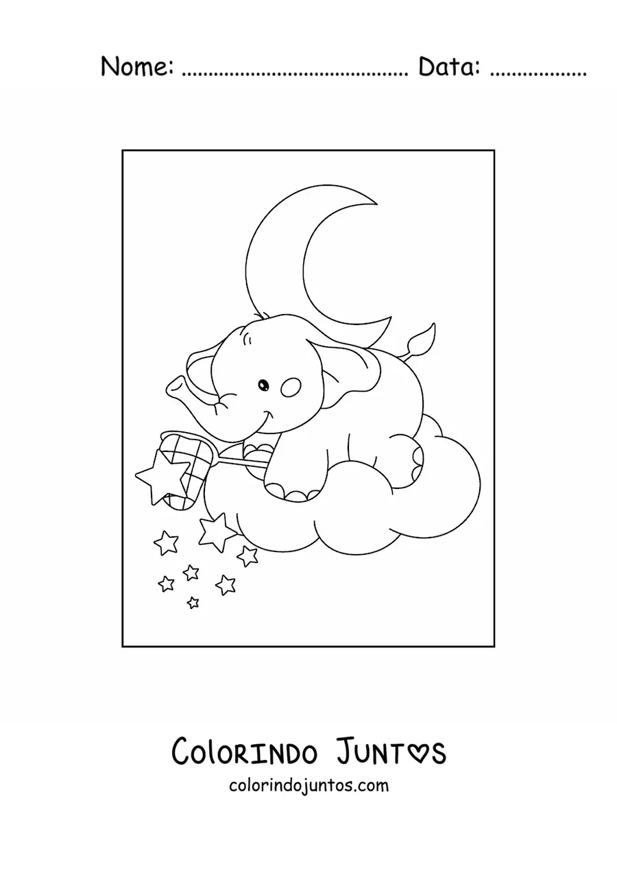 Desenho para colorir de filhote de elefante kawaii pegando estrelas