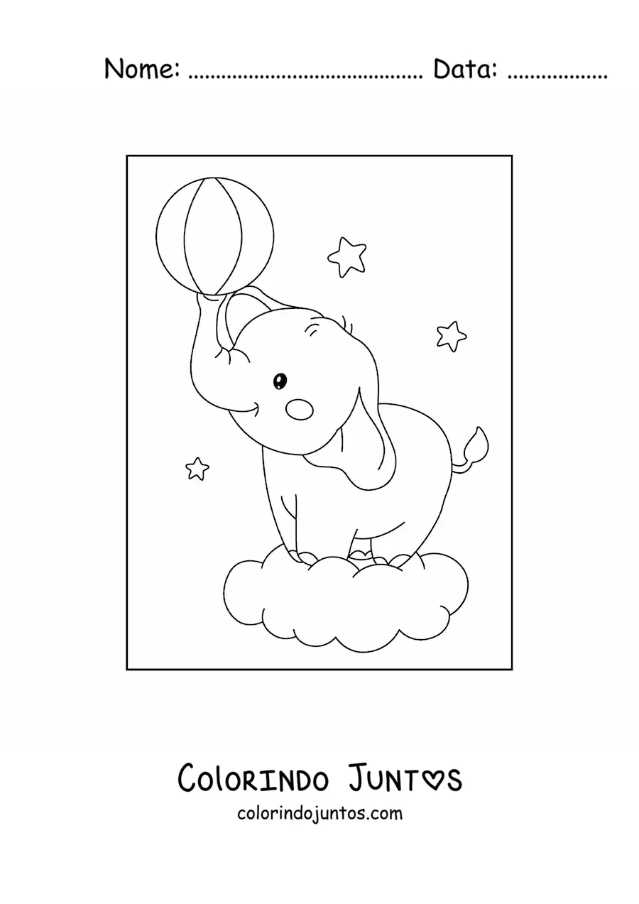 Desenho para colorir de filhote de elefante kawaii brincando com bola