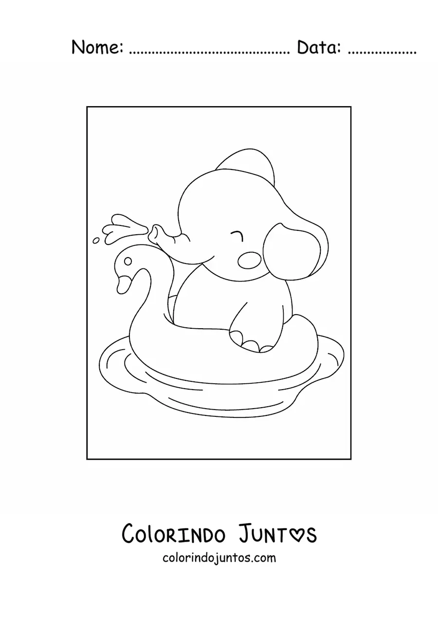 Desenho para colorir de filhote de elefante kawaii na água