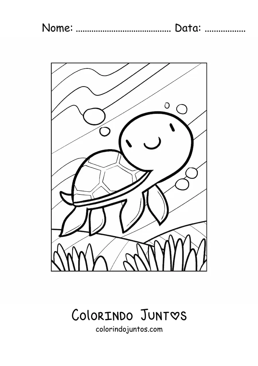 Desenho para colorir de tartaruga marinha kawaii no mar